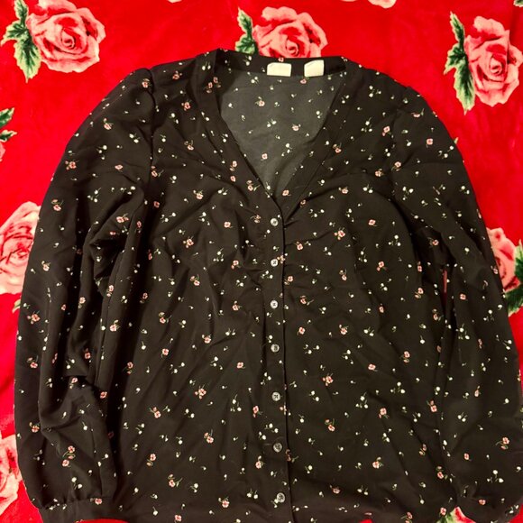 Levi’s Women’s Zenda Ruched Long-Sleeve Blouse Black Floral Size M MSRP $59 - Picture 5 of 12